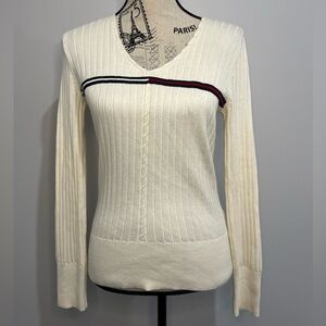 Tommy Hilfiger Vintage Cream V-Neck Sweater with Stripe